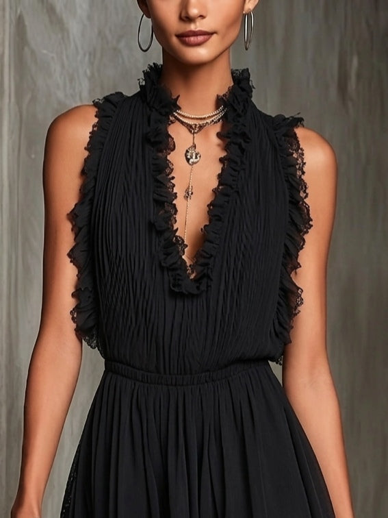 Black Pleated Jumpsuit with Ruffled Trim