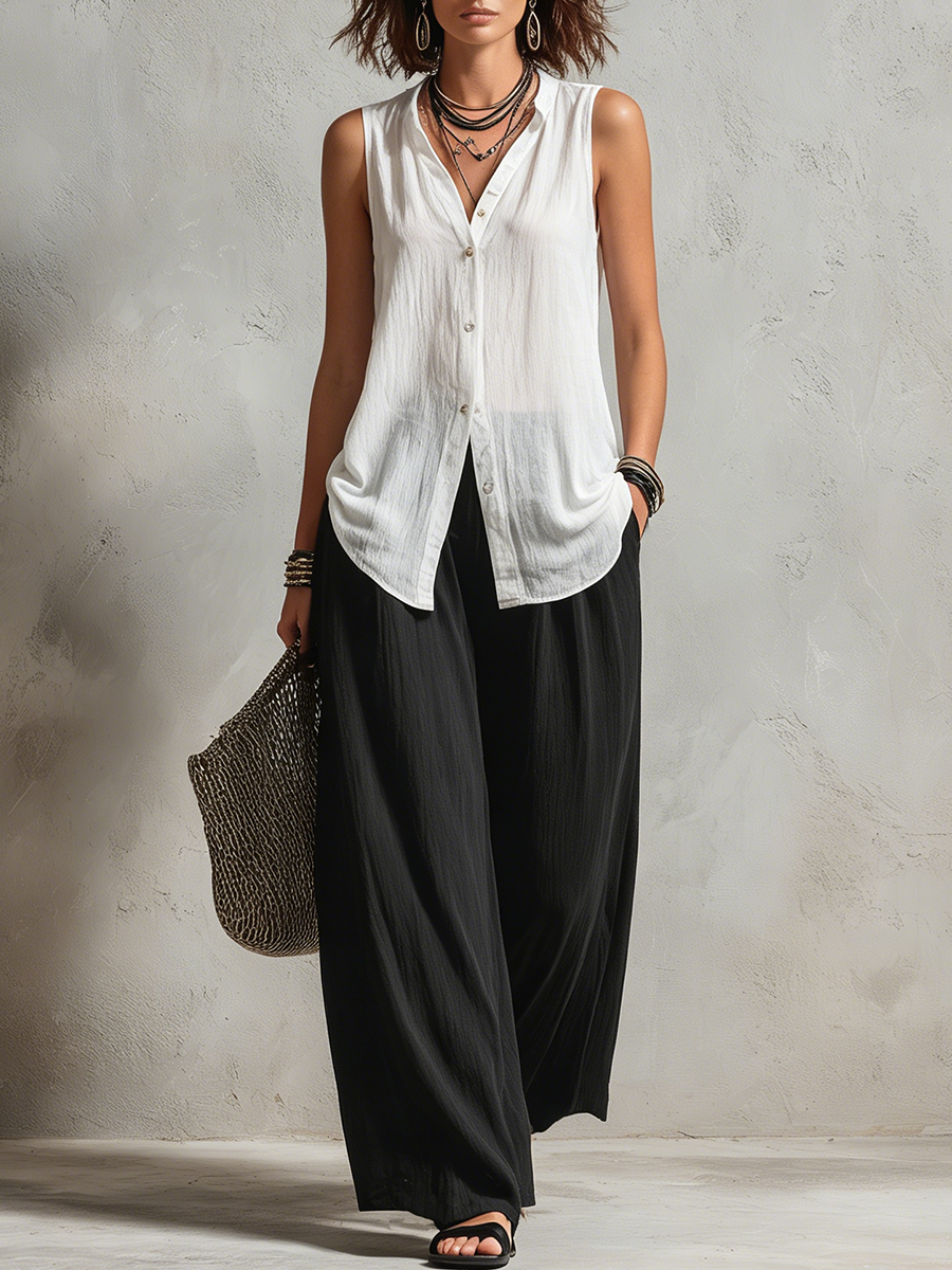 Monique | Three-Piece Set: Layered Cardigan & High-Waist Wide-Leg Pants