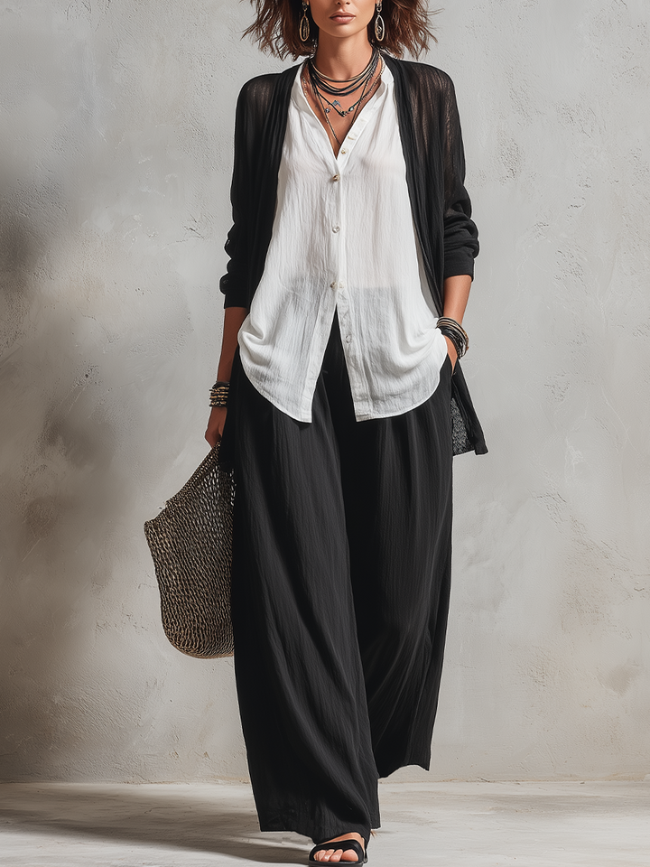 Monique | Three-Piece Set: Layered Cardigan & High-Waist Wide-Leg Pants
