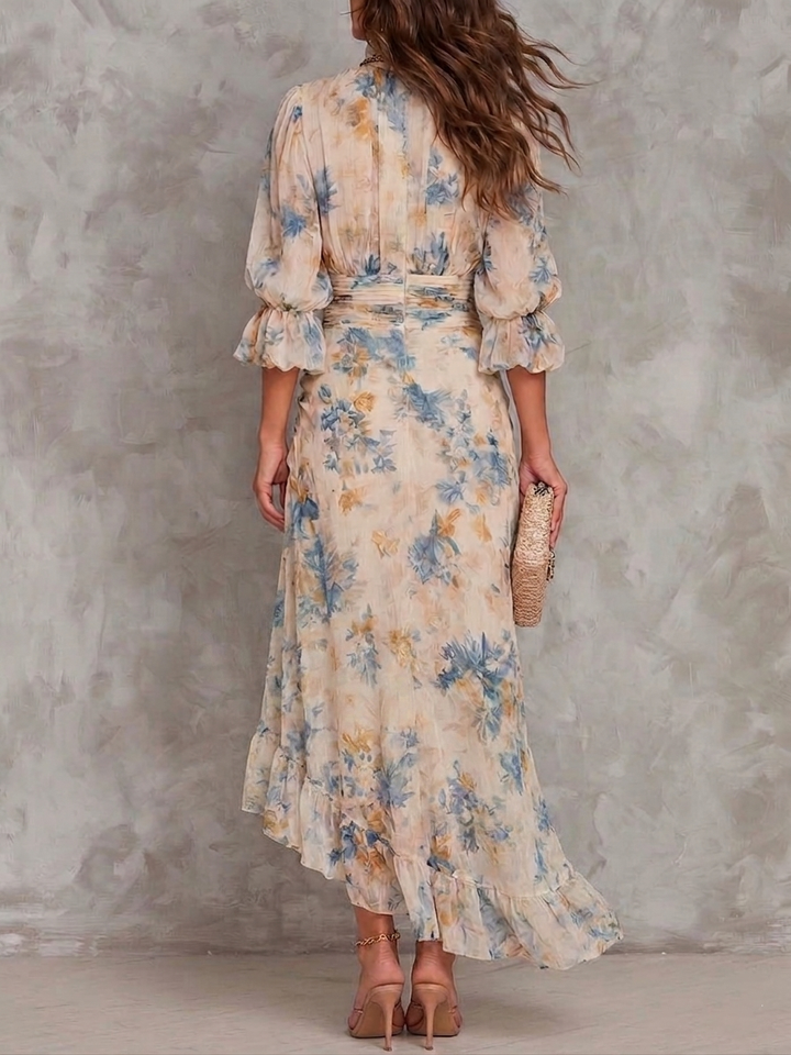 Beige Turtleneck Oil Painting Floral Print Irregular Maxi Dress