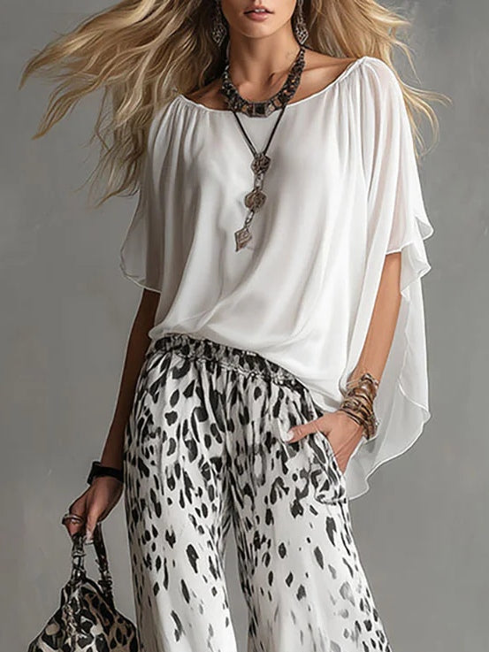 Monica | Boat-Neck T-Shirt & Gradient Leopard Pants Set