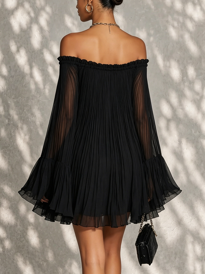 Black Mini Dress with Off-Shoulder and Ruffle Bell Sleeves