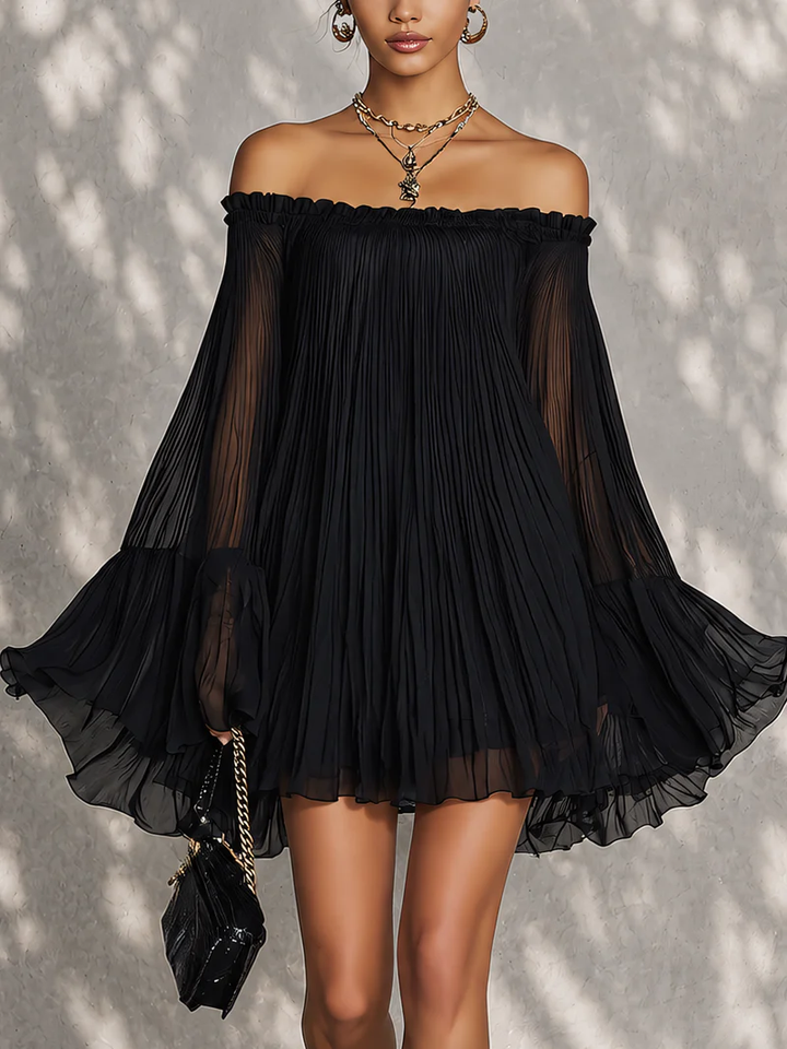 Black Mini Dress with Off-Shoulder and Ruffle Bell Sleeves