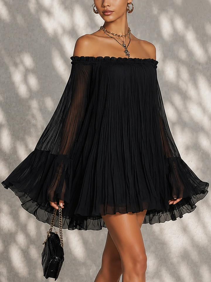 Black Mini Dress with Off-Shoulder and Ruffle Bell Sleeves