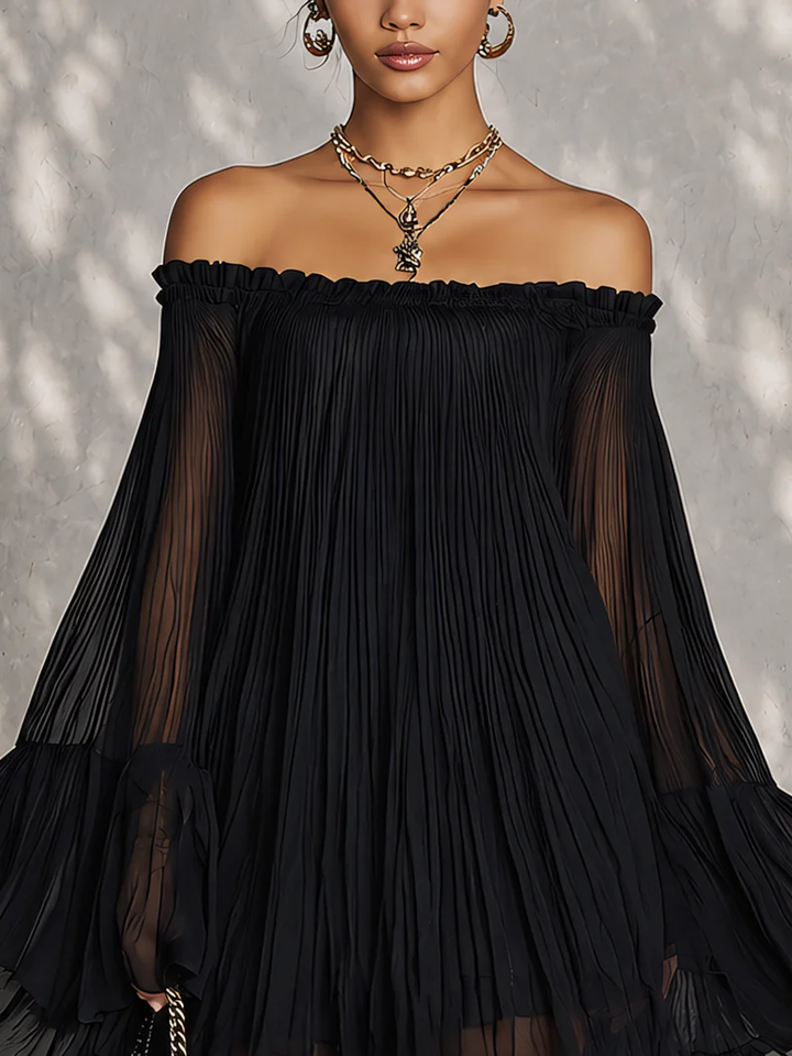 Black Mini Dress with Off-Shoulder and Ruffle Bell Sleeves