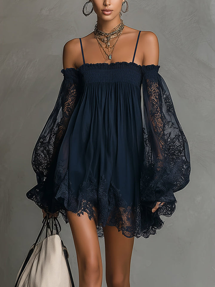 Noemi | Mini dress in navy blue with open neckline, lace details, and sheer sleeves