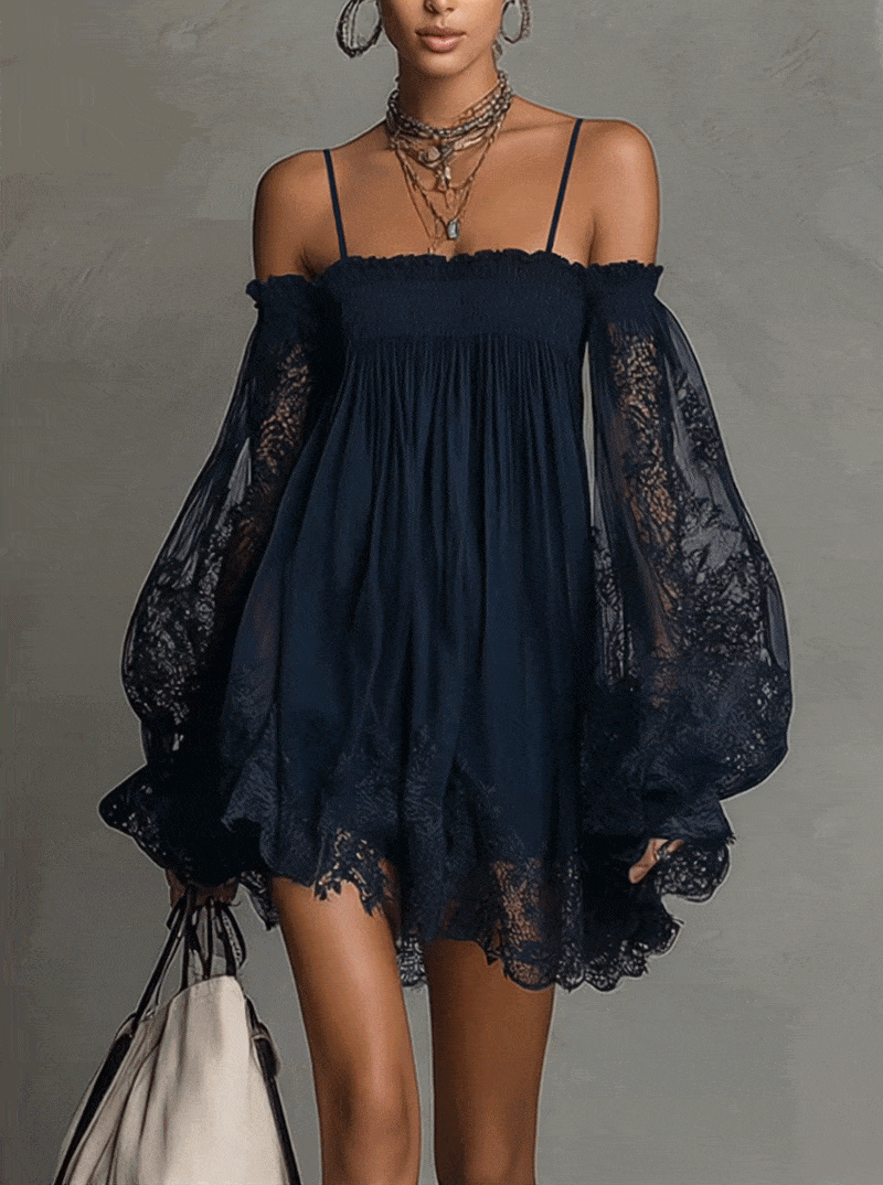 Noemi | Mini dress in navy blue with open neckline, lace details, and sheer sleeves