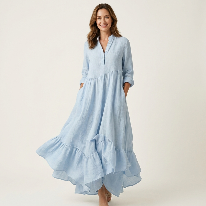 Jilana | Stand-Collar Button-Front Ruffle Maxi Dress