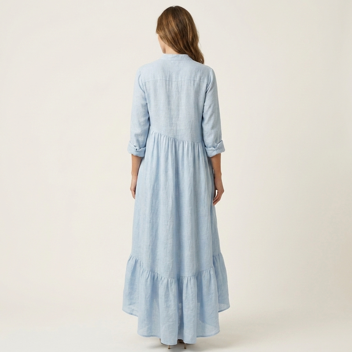 Jilana | Stand-Collar Button-Front Ruffle Maxi Dress