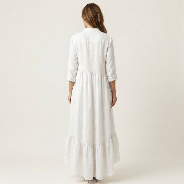 Jilana | Stand-Collar Button-Front Ruffle Maxi Dress
