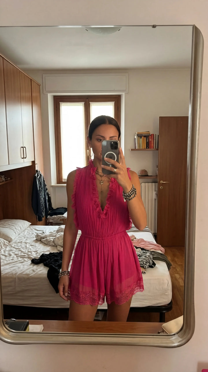 Pleated Jumpsuit with Lace and Ruffles in Fuchsia