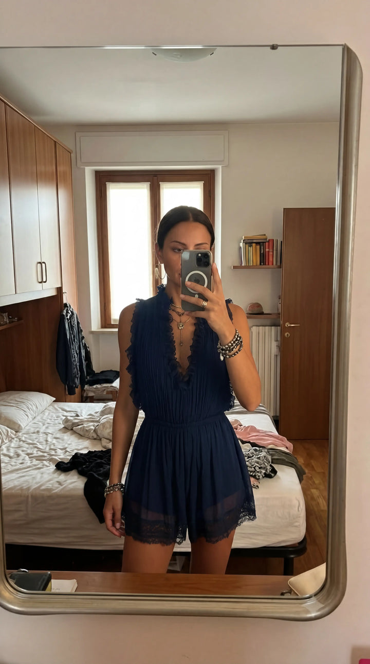 Navy Blue Ruffled Pleated Jumpsuit