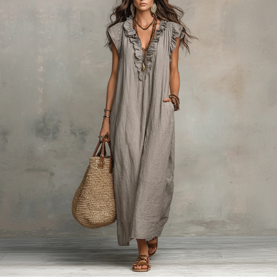 Zoey | Long Bohemian Dress in Linen and Cotton